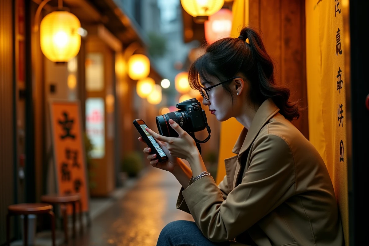 Photographe examinant ses clichés nocturnes dans l'allée étroite et lumineuse du quartier Golden Gai à Shinjuku