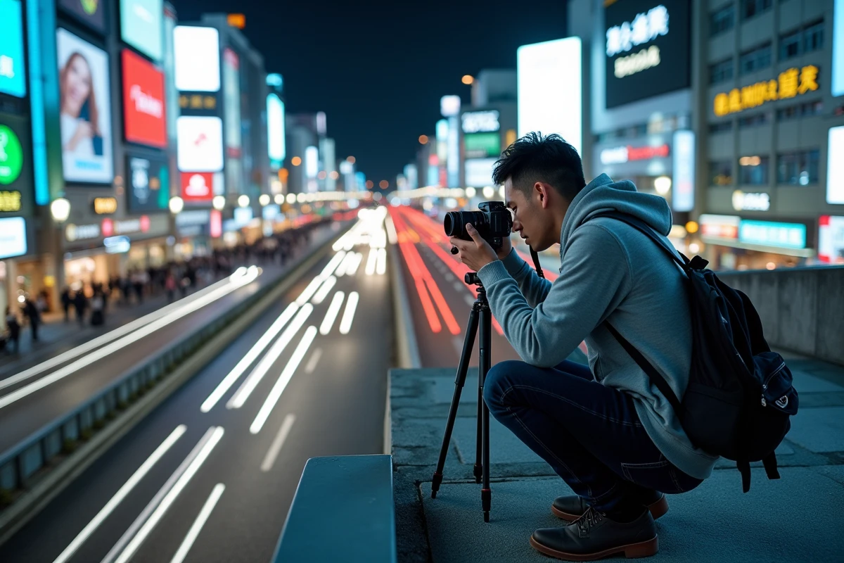 Photographe masculin réglant son appareil sur trépied au-dessus du célèbre carrefour de Shibuya la nuit