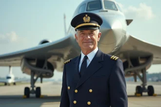 Pilote masculin en uniforme devant un Concorde restauré