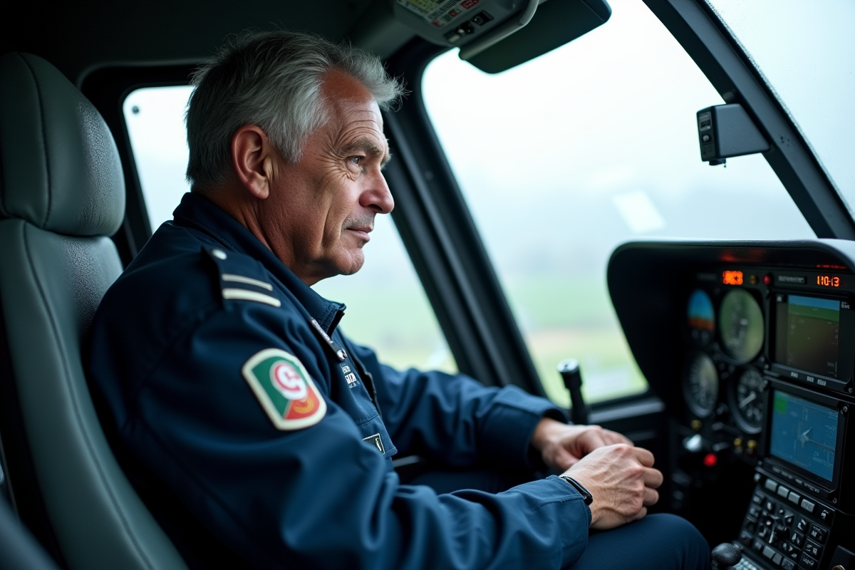 Pilote homme en cockpit d'hélicoptere moderne
