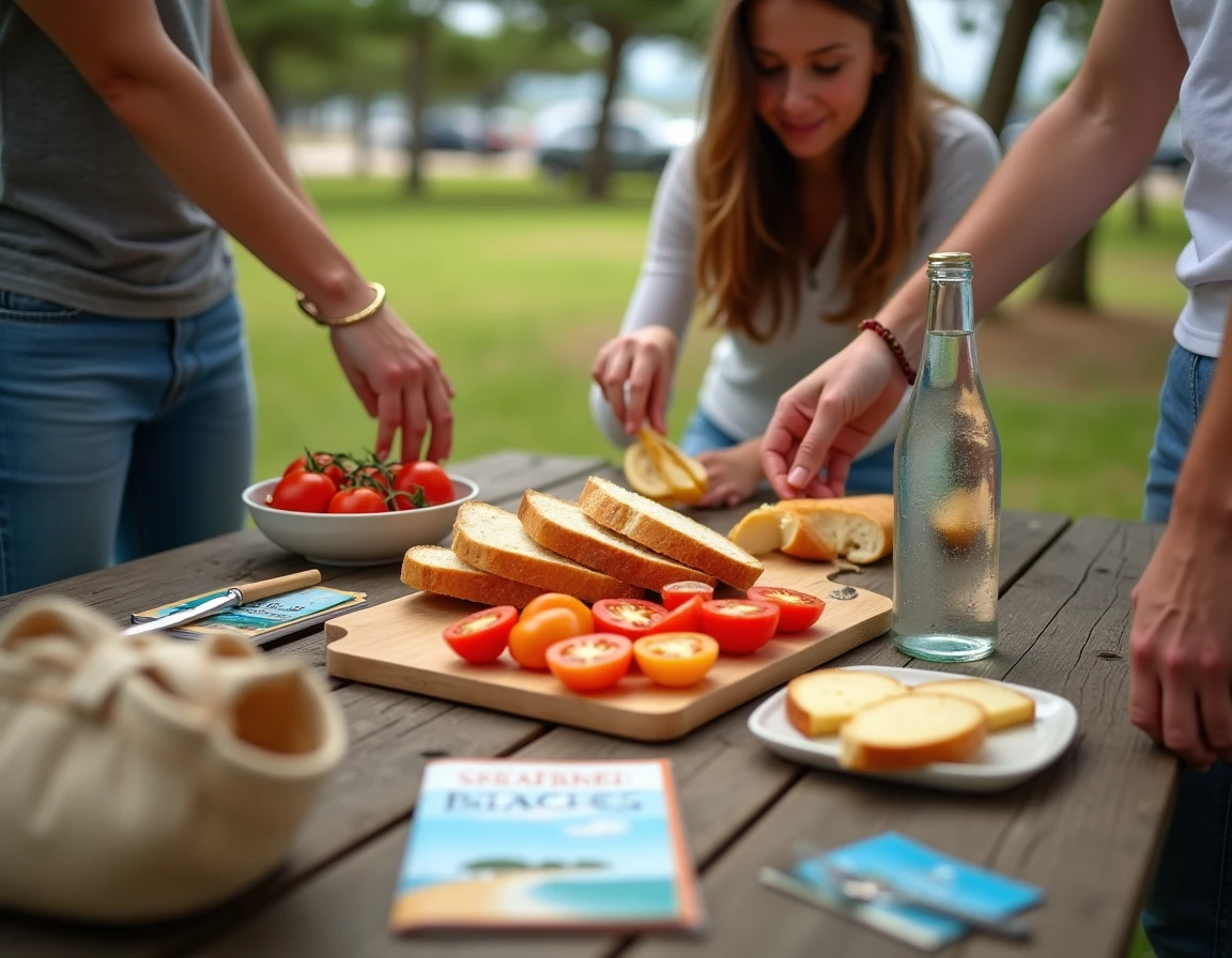Pique-nique en famille dans le parc de la plage de Conleau &agrave; Vannes avec une brochure touristique