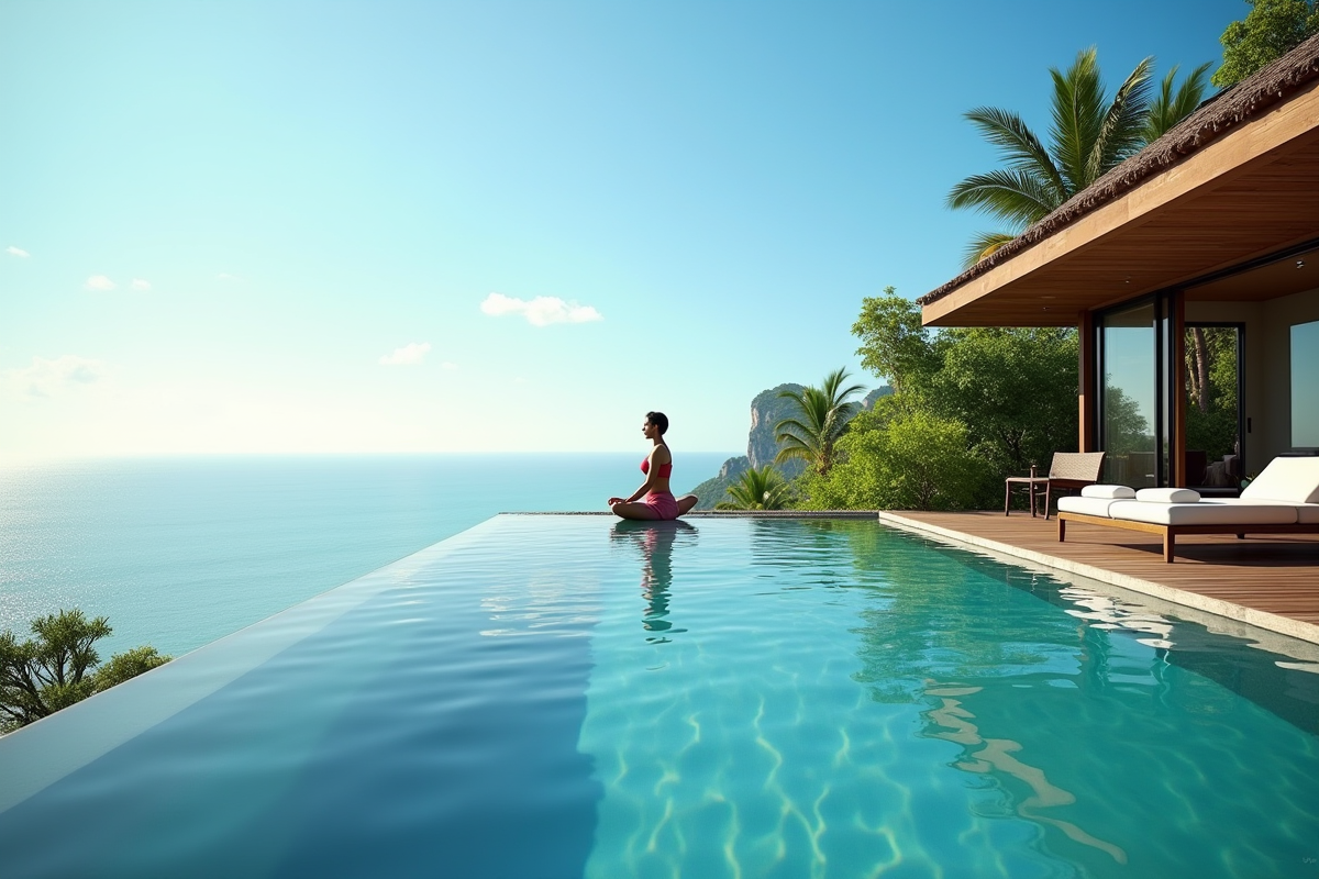 Piscine à débordement avec personne faisant du yoga au matin
