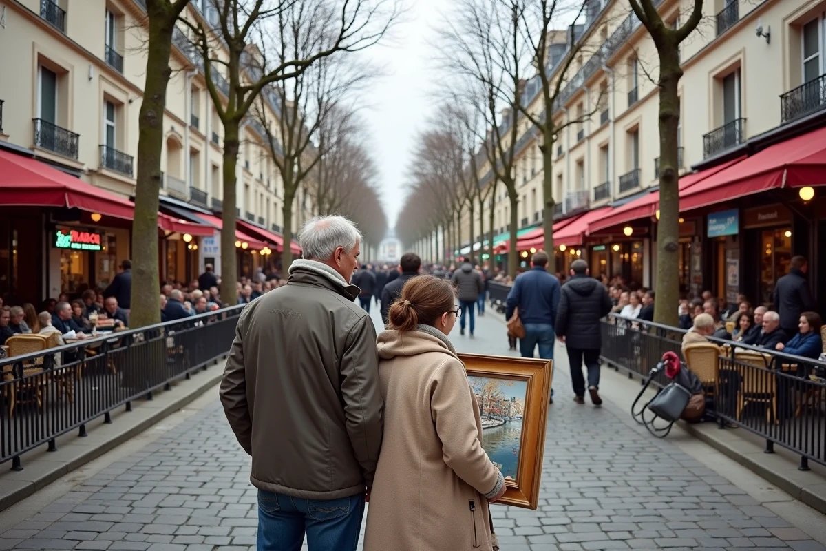 Place du Tertre à Montmartre avec artistes peintres et touristes autour des chevalets en plein air