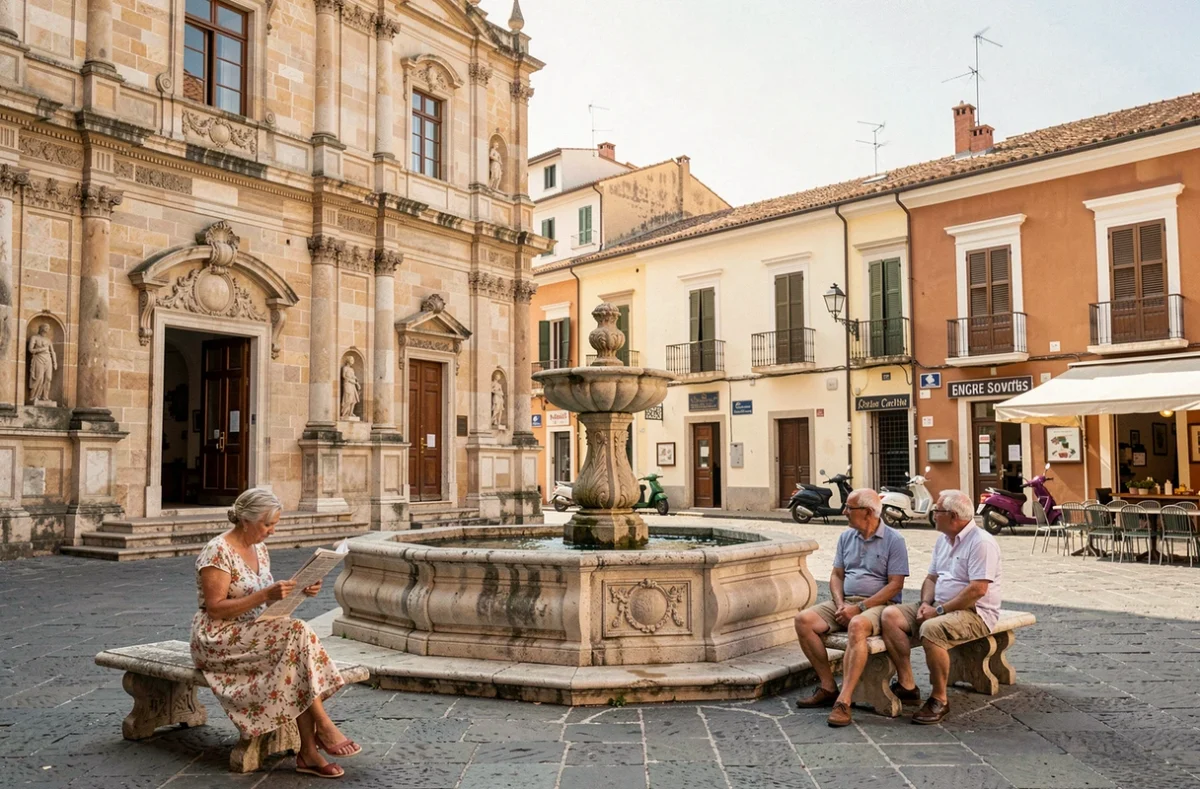 Place principale de Corleone avec église baroque et habitants locaux profitant de l'espace public en Sicile