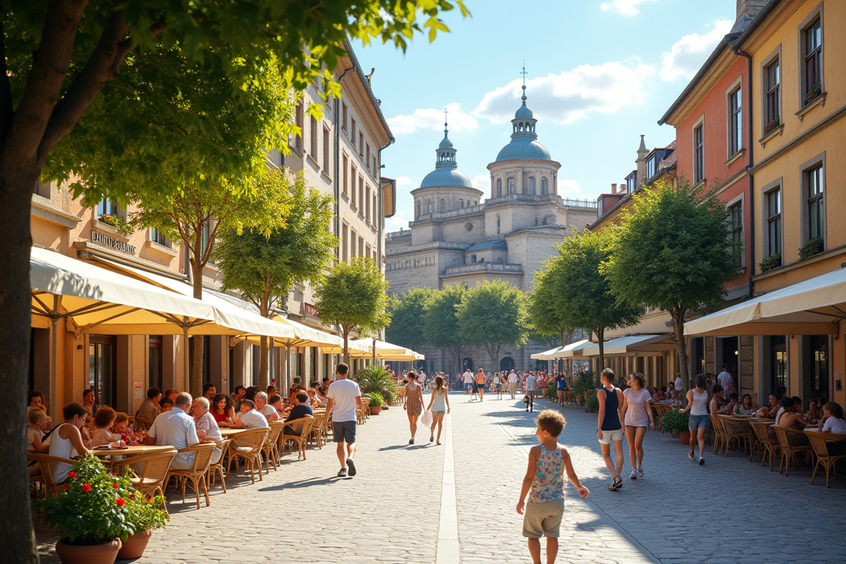 Place urbaine européenne ensoleillée avec cafés et architecture