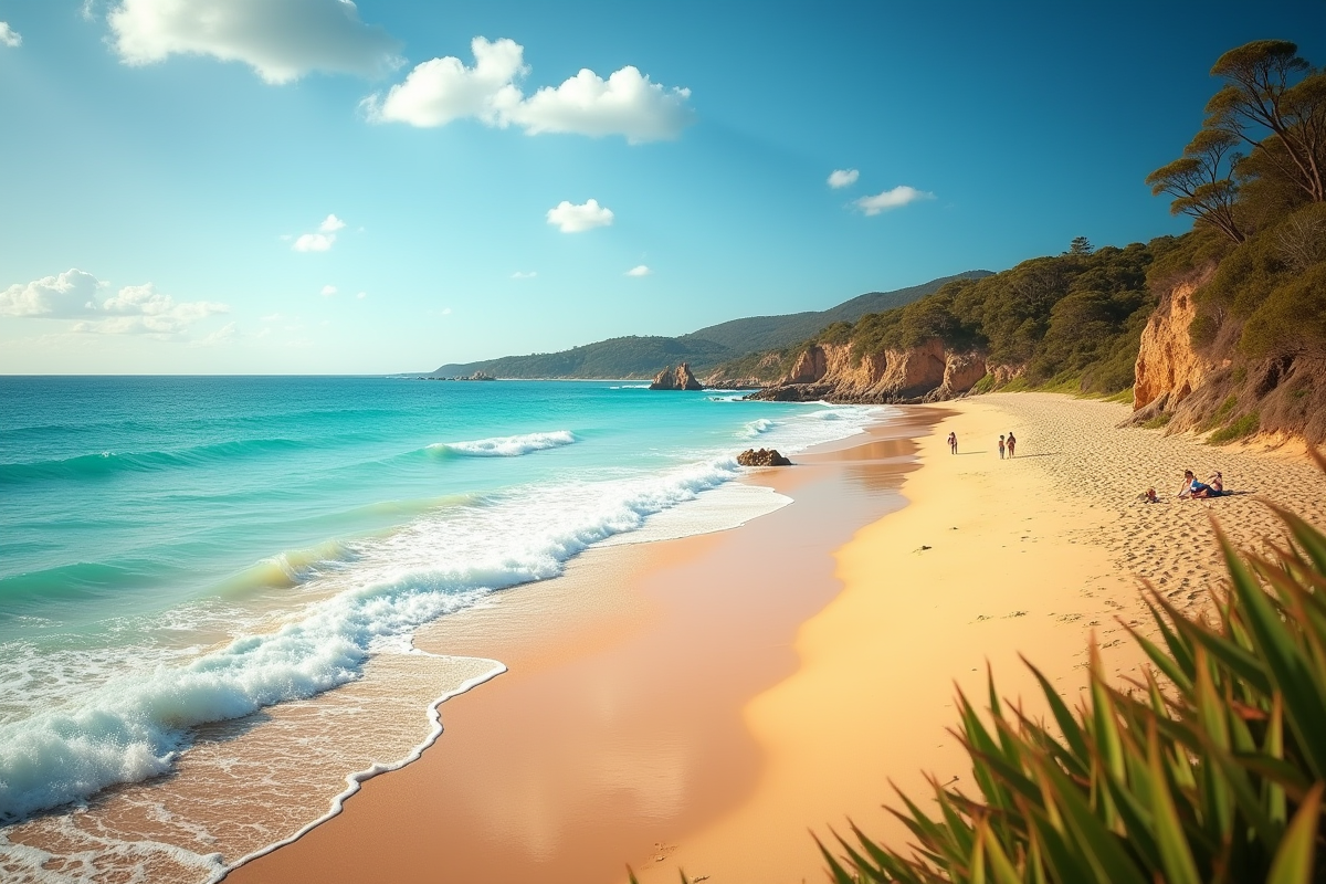 Plage australienne ensoleillée avec vagues turquoise et sable doré