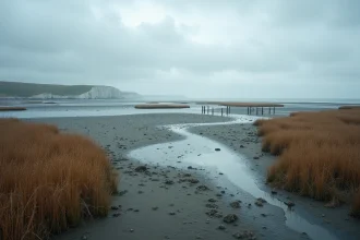 Plage des marais de Pennedepie en Normandie hors saison, sable mouillé et roselières sous un ciel nuageux hivernal