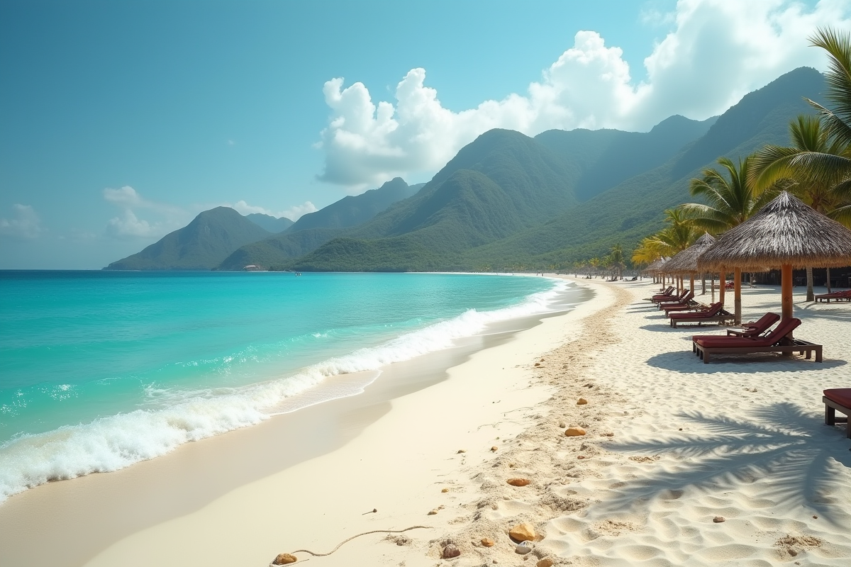 Plage paisible avec eau turquoise et voyageurs relaxant sous parasols