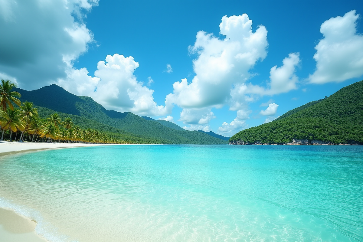 Vue panoramique d'une plage tropicale aux eaux turquoise et sable blanc