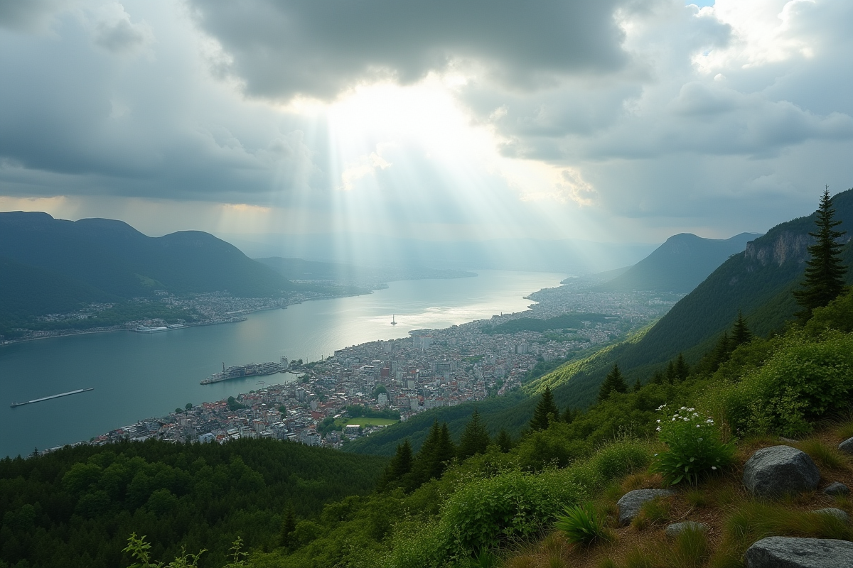 Vue panoramique de Bergen depuis Fløyen en été avec pluie