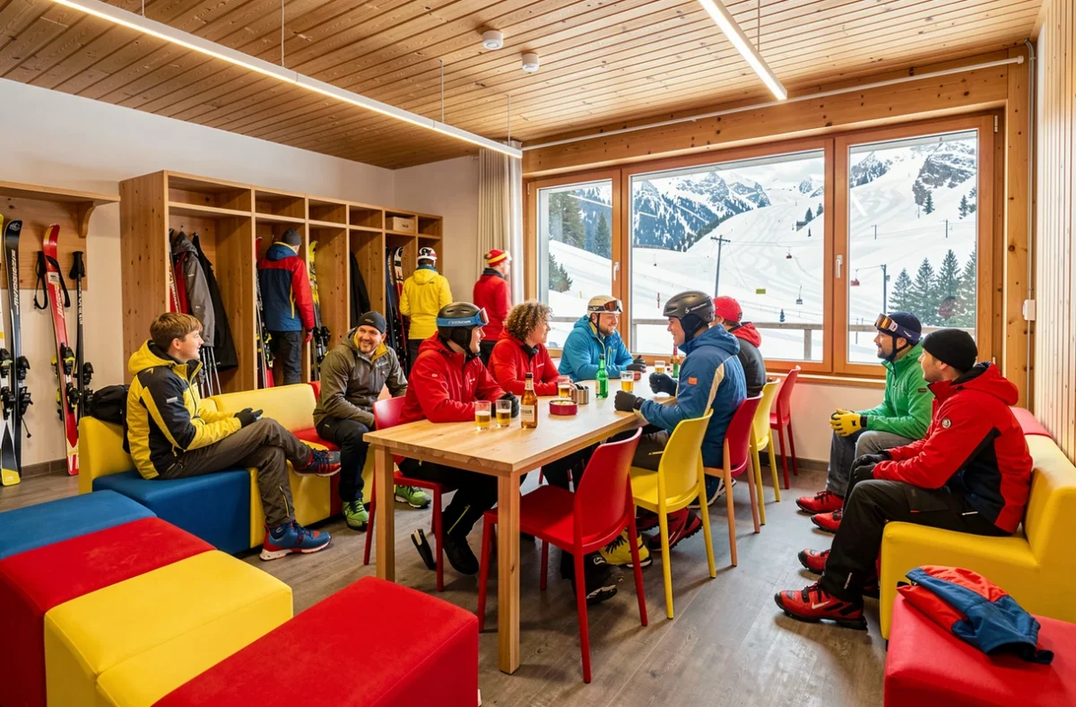 Espace commun animé et coloré du PopAlp à Alpe d'Huez, avec skieurs en tenue de ski attablés près de grandes fenêtres donnant sur les pistes enneigées