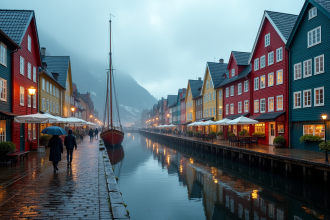 Port de Bryggen à Bergen sous la pluie au printemps