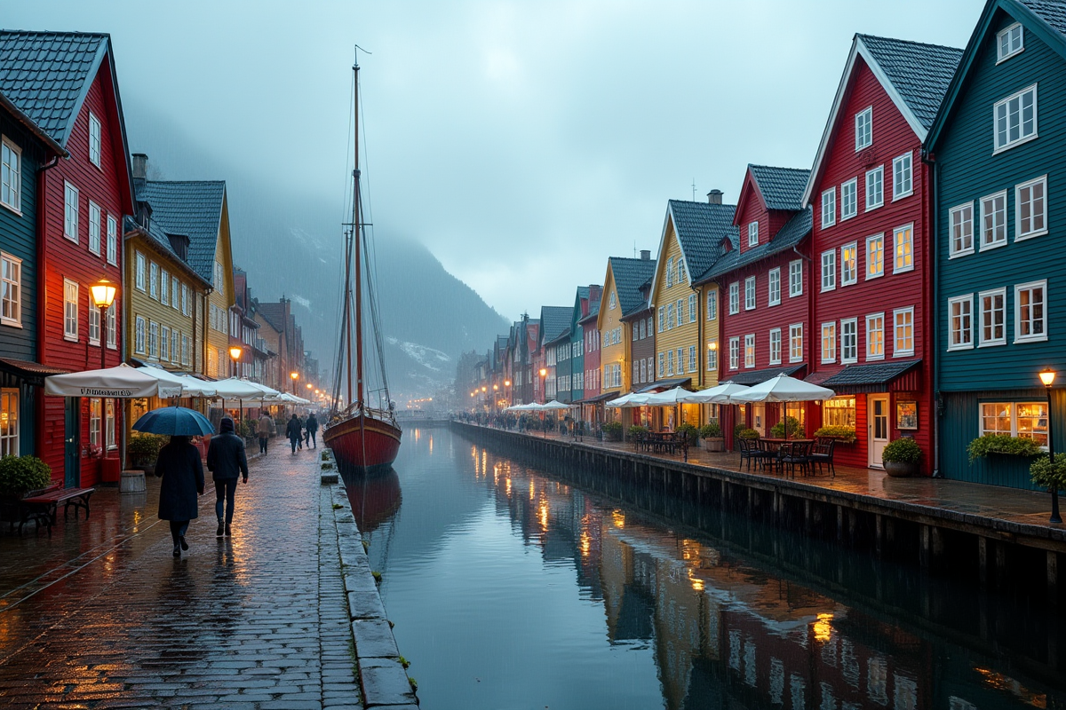 Port de Bryggen à Bergen sous la pluie au printemps