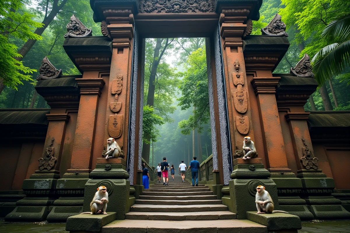 Porte d'entrée en pierre sculptée de la Monkey Forest d'Ubud à Bali, décorée de tissu poleng et de singes macaques au repos