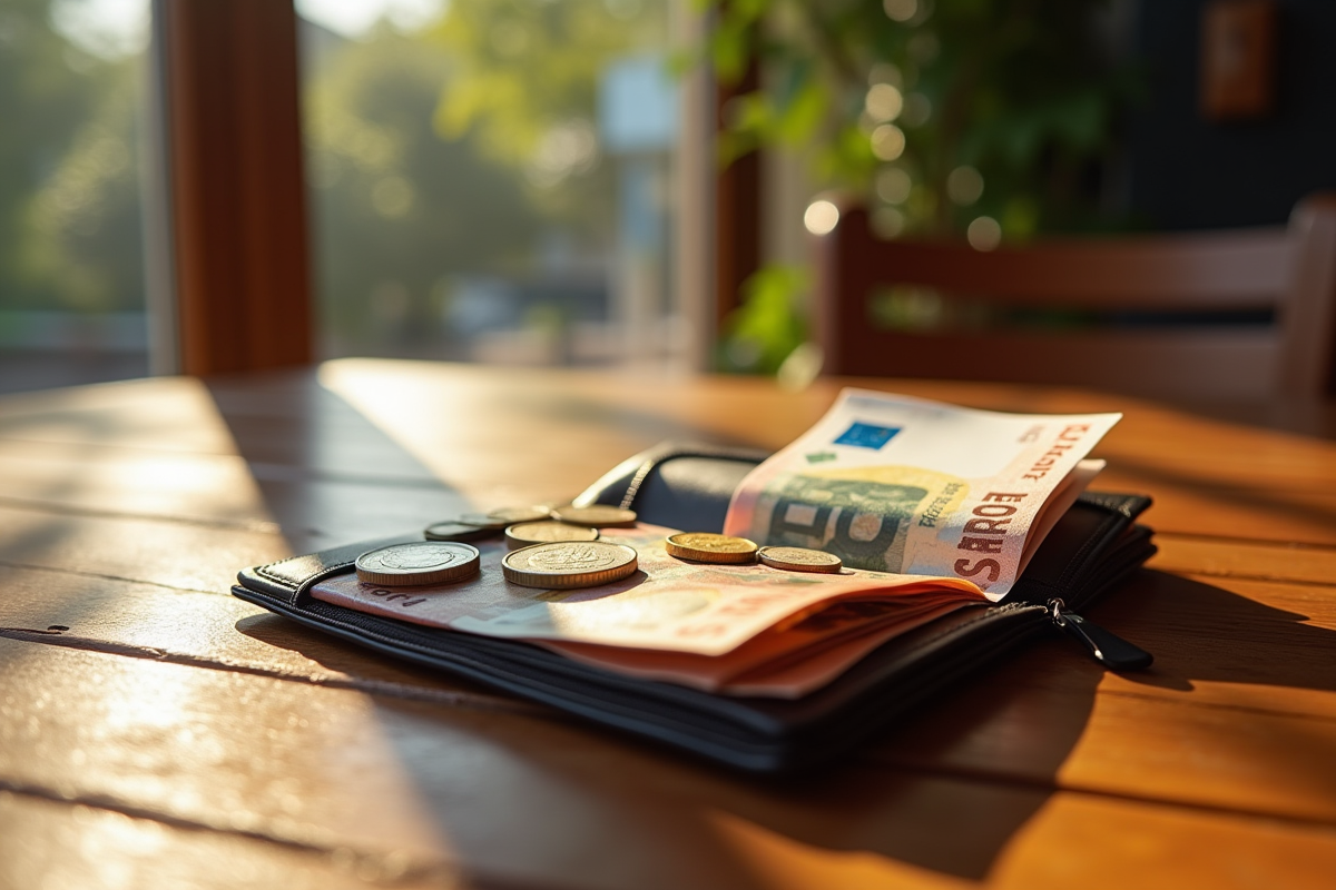 Portefeuille ouvert avec euros sur une table de café ensoleillee