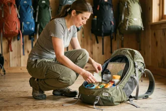 Femme préparant son sac à dos de randonnée avec équipements essentiels pour la randonnée de Capu di Muru en Corse