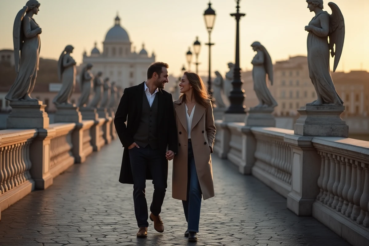 Couple se promenant romantiquement sur le Pont Sant'Angelo à Rome au crépuscule avec le Castel Sant'Angelo en arrière-plan