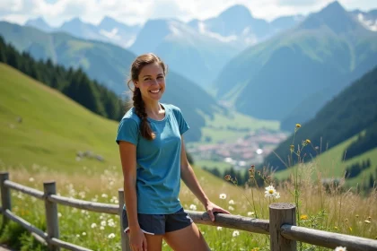 Jeune femme souriante en randonn&eacute;e alpine avec vue sur les Alpes bavaroises