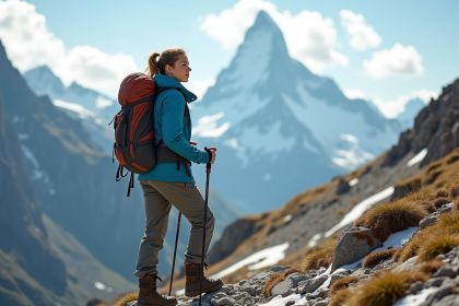Jeune randonneuse regardant Mont Blanc en arrière-plan