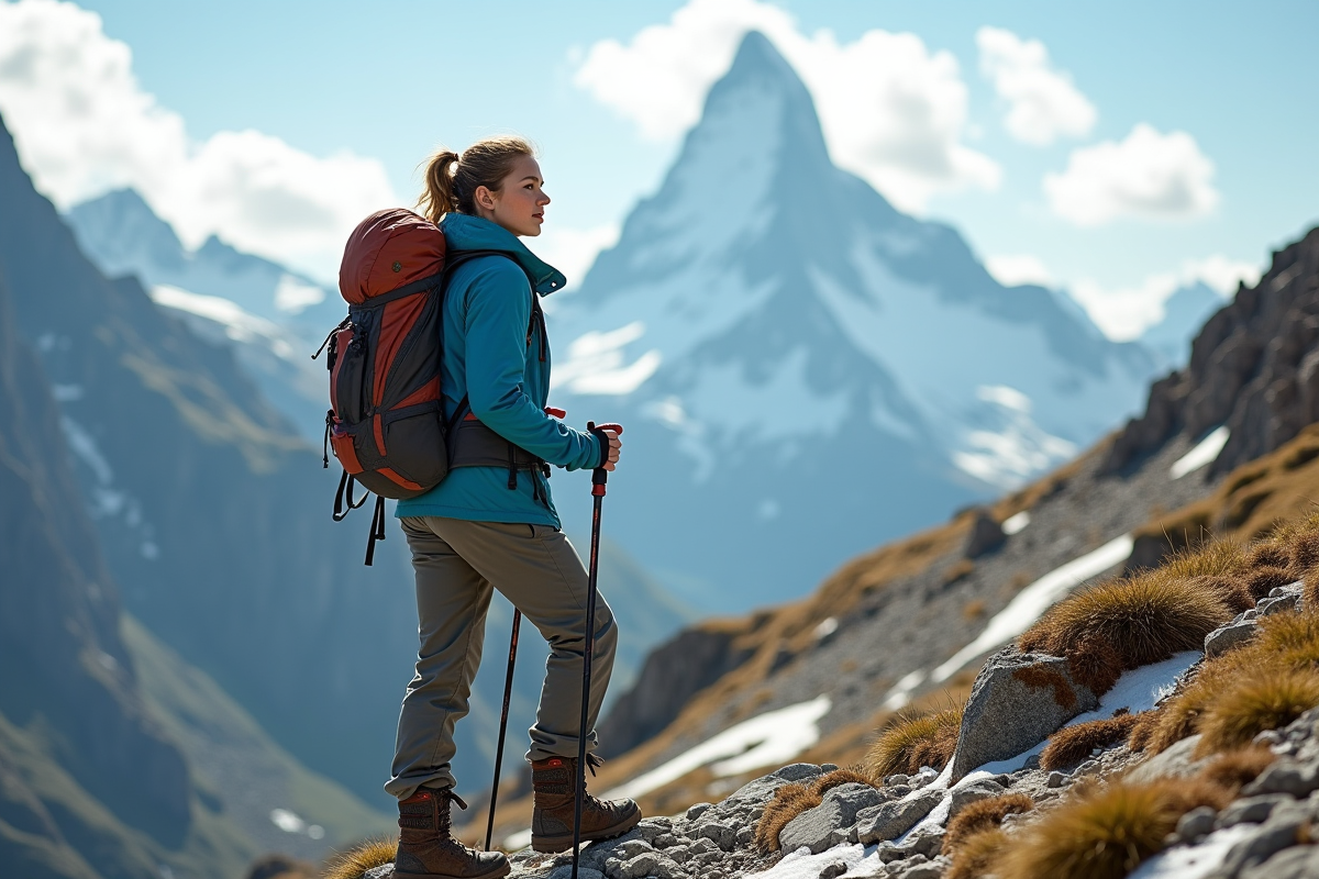 Jeune randonneuse regardant Mont Blanc en arrière-plan