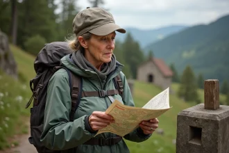 Femme randonneuse consulte une carte en forêt