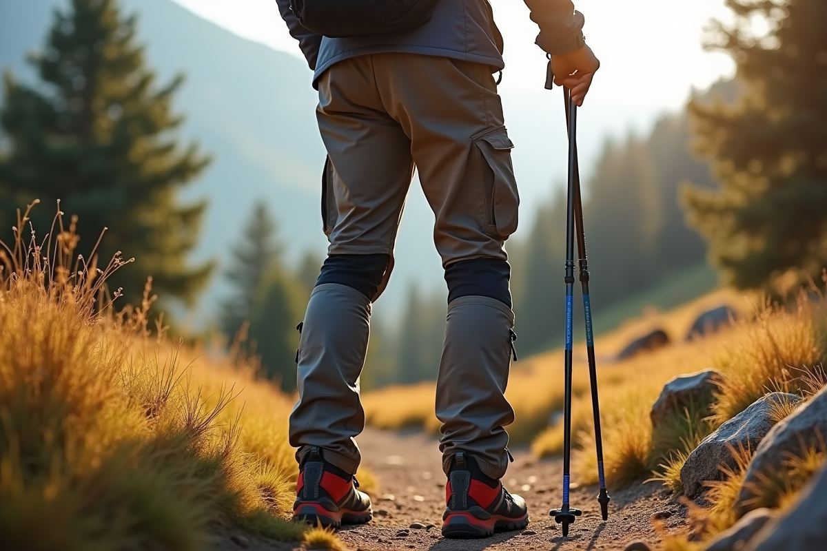 Randonneur ajustant ses bâtons sur un sentier de montagne avec genoux protégés