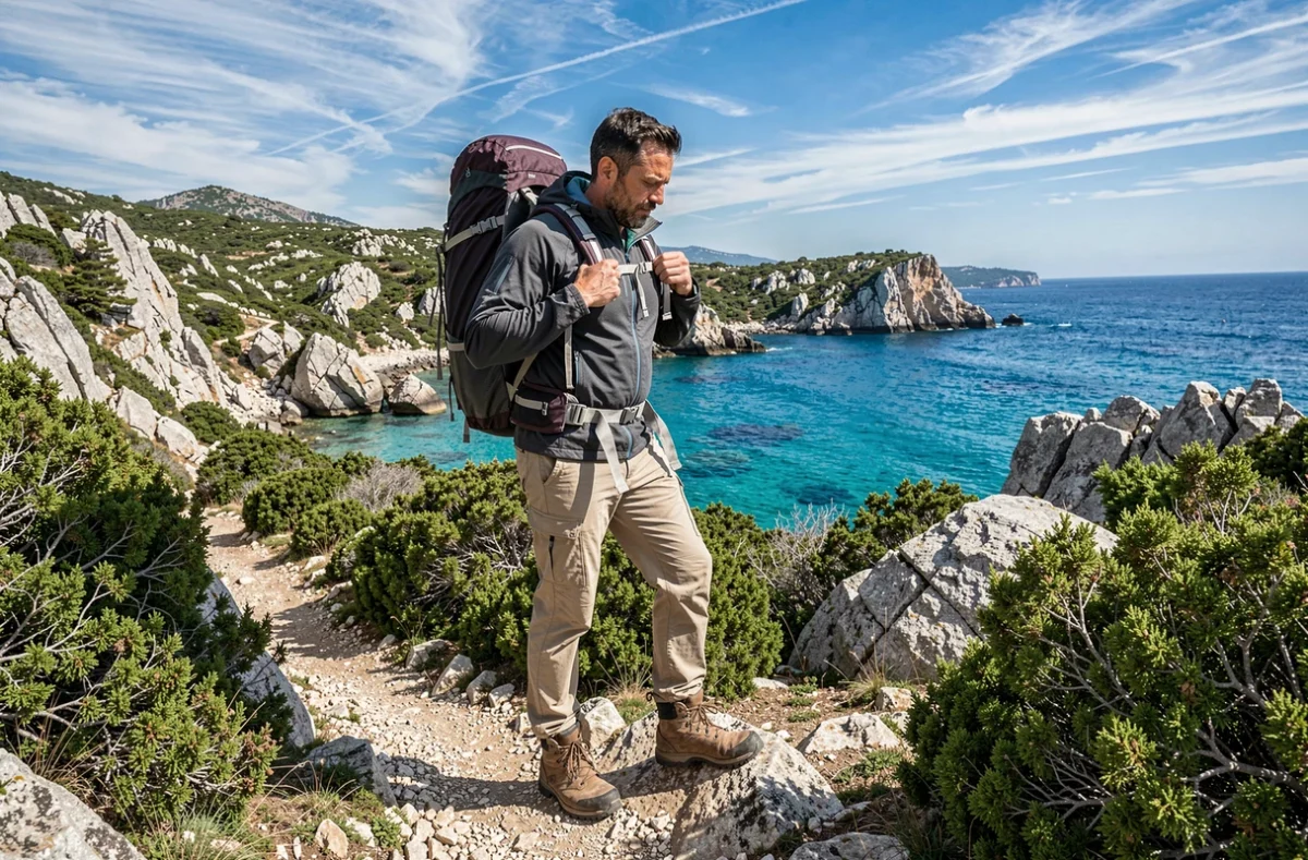 Randonneur équipé sur le sentier côtier rocheux de Capu di Muru avec vue sur la mer Méditerranée en Corse
