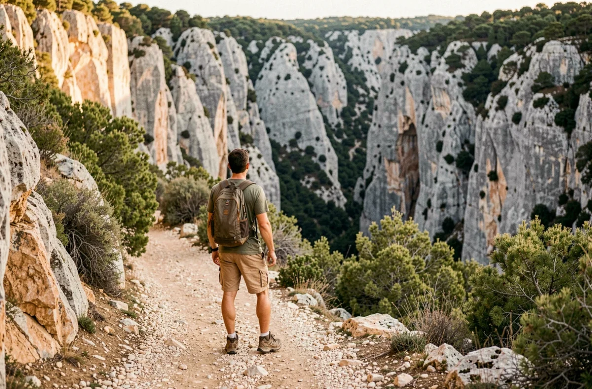Randonneur sur le sentier rocailleux menant aux gorges de Gorropu en Sardaigne