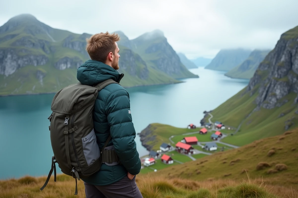 Jeune randonneur admirant paysage dans les lofoten