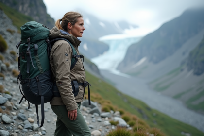 Randonneuse déterminée en montagne avec paysage rocheux