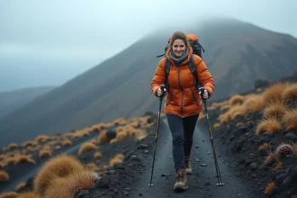 Randonneuse en veste orange gravissant un sentier volcanique enneigé sur les pentes du Kilimandjaro, entourée de séneçons géants dans la brume
