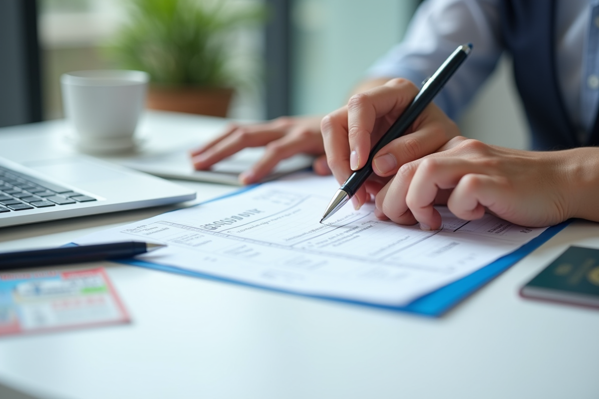 Mains remplissant un formulaire de visa sur un bureau propre