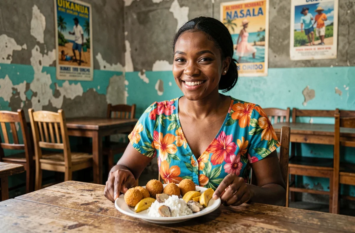 Jeune femme jamaïcaine savourant un plat traditionnel d'ackee et saltfish dans un restaurant local de Kingston