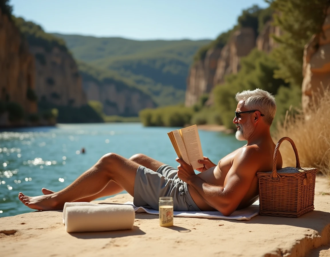 Homme se reposant sur un rocher calcaire au bord de la rivière Ardèche avec les falaises des gorges en arrière-plan lors d'une journée de baignade en pleine nature