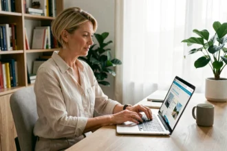 Femme consultant un site de réservation de croisière So Croisière sur son ordinateur portable à son bureau à domicile