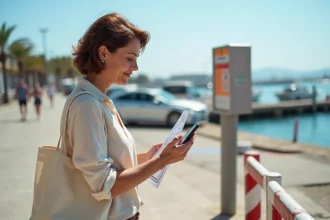 Femme consultant sa réservation de parking sur smartphone avant d'embarquer pour Porquerolles depuis le port de Giens