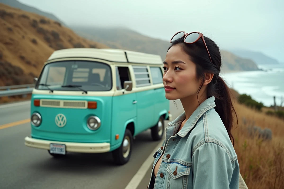 Femme appuyée contre un van vintage turquoise sur Highway 1 en Californie avec l'océan Pacifique en arrière-plan lors d'un road trip Los Angeles San Francisco