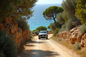 Route étroite et sinueuse en maquis corse menant à la plage de Cala d'Orzu avec une voiture garée sur le bas-côté