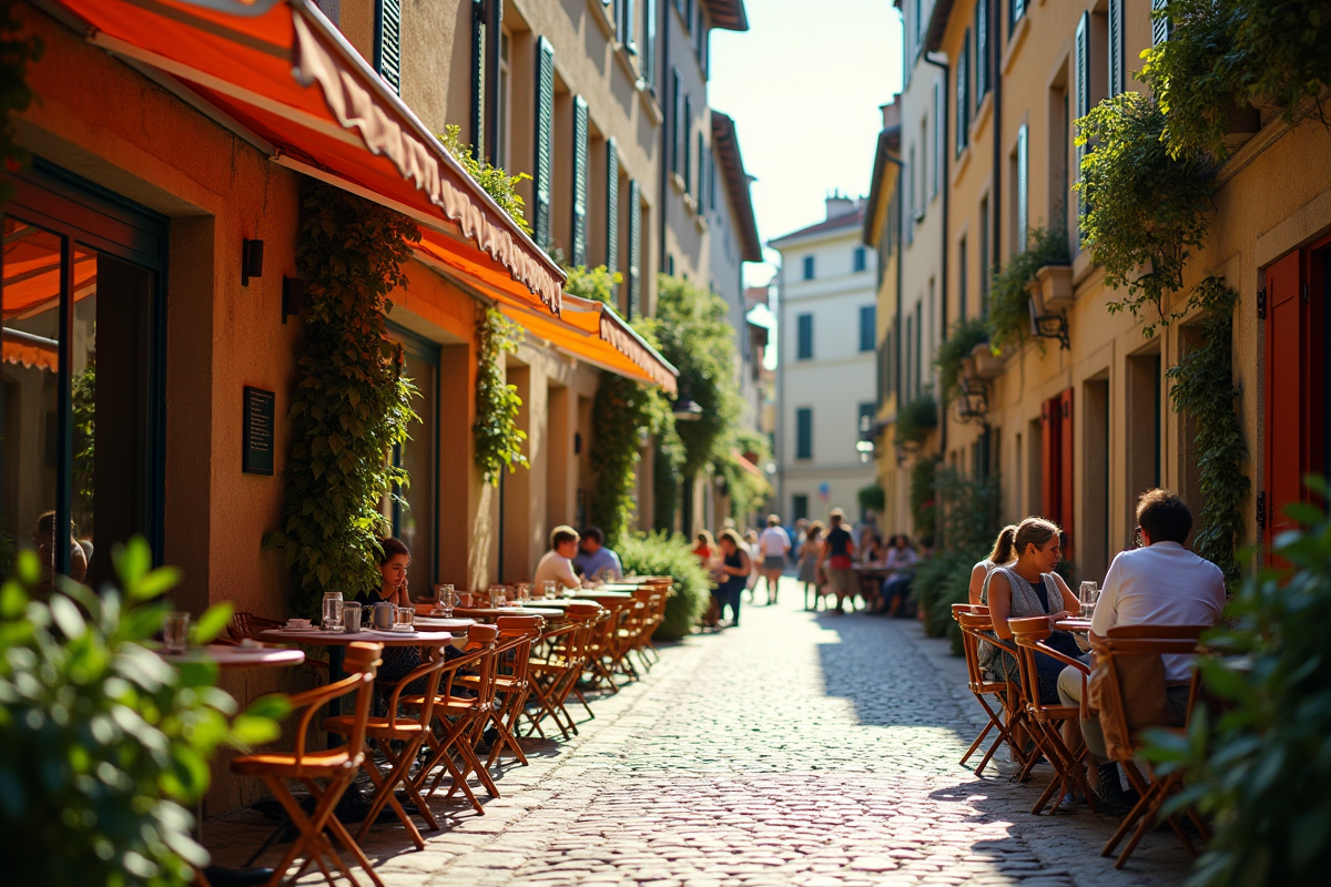 Rue pavée ensoleillée avec café et bâtiments colorés