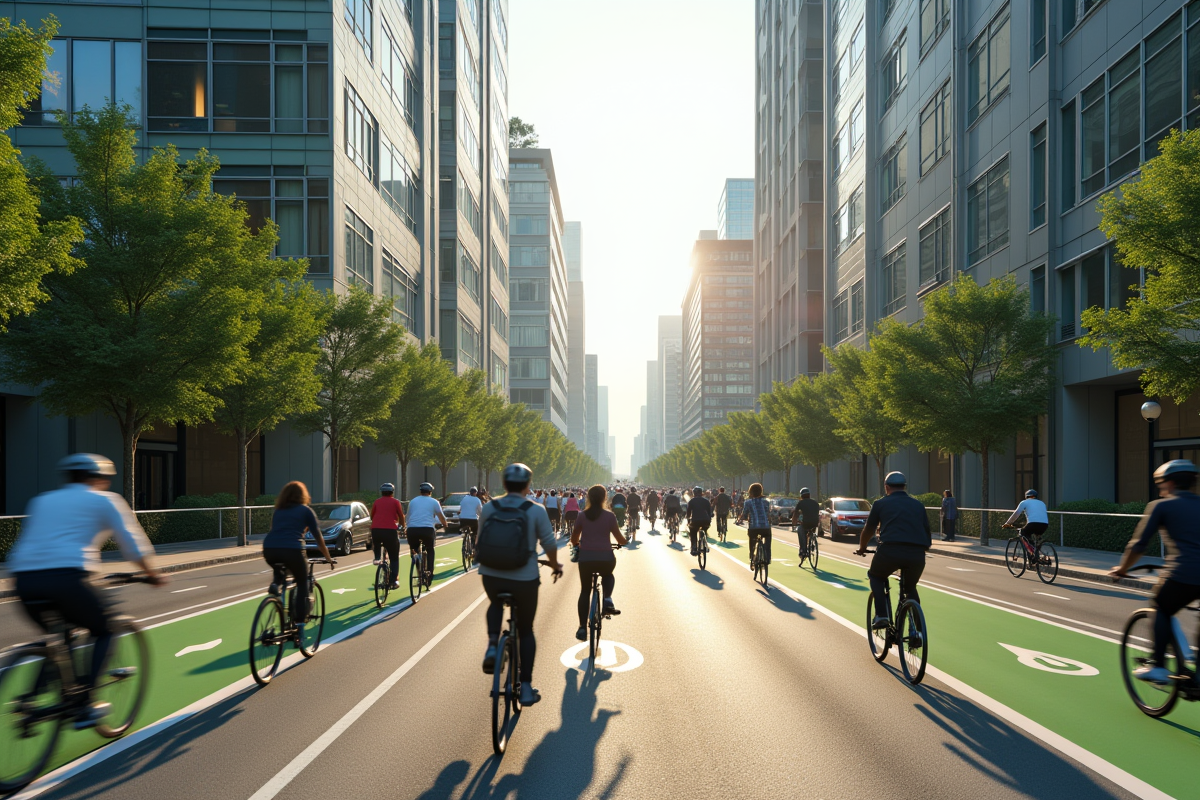 Rue animée avec pistes cyclables et cyclistes de tous âges