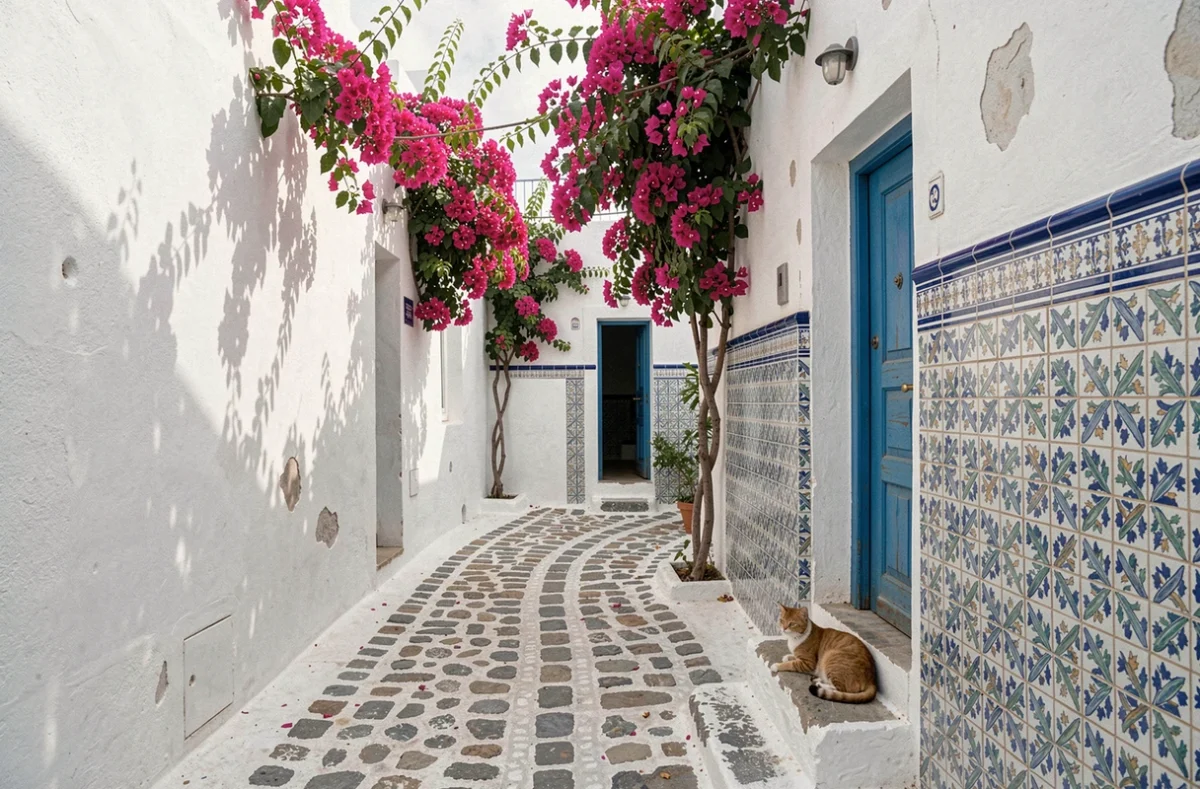 Ruelle pavée typique du village de Chora à Folégandros avec bougainvilliers et porte bleue traditionnelle
