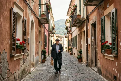 Ruelle pavée du centre historique de Corleone en Sicile avec un homme âgé marchant entre des bâtiments aux volets en bois