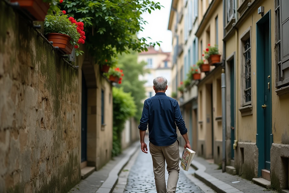 Ruelle pavée pittoresque de Montmartre avec maisons aux volets colorés et promeneur parisien