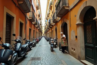 Ruelle historique de Spaccanapoli à Naples avec façades colorées, linge suspendu et scooters garés sur les pavés