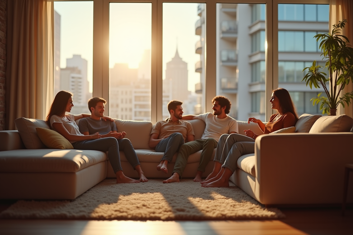 Salon accueillant avec lumière naturelle et amis détendus