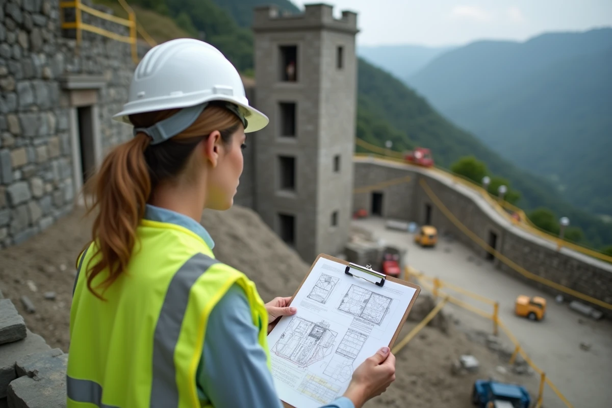 Coordinatrice de sécurité consultant des plans sur le chantier de la Tour de Piz