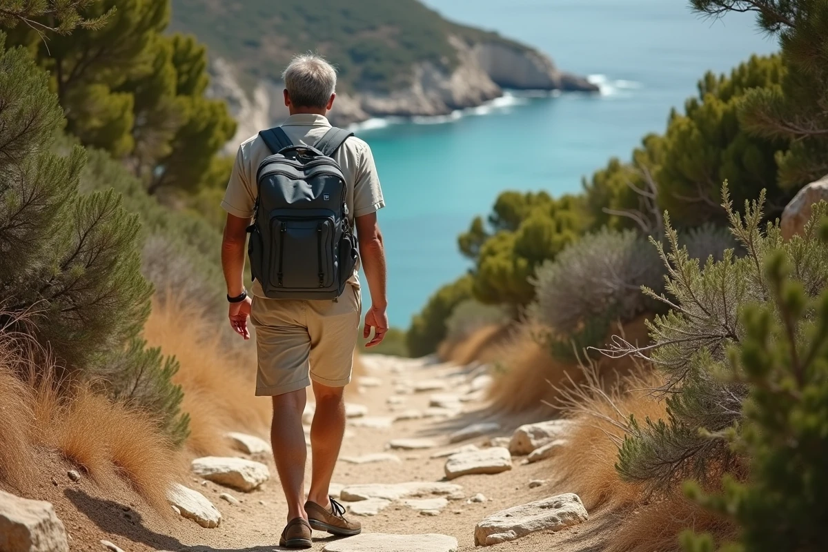 Homme marchant sur le sentier pédestre d'accès à la plage de Cala d'Orzu en Corse après avoir stationné son véhicule