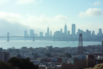 Vue panoramique du skyline de San Francisco avec le Bay Bridge et les collines emblématiques enveloppées de brouillard