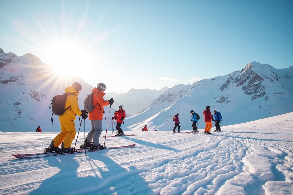 Station de ski enneigée au lever du soleil avec skieurs
