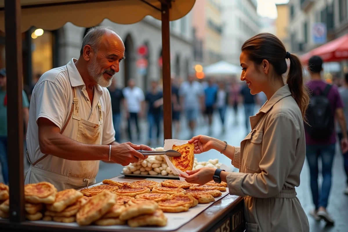 Vendeur de street food napolitain servant une pizza fritta sur un stand de rue anim&eacute; &agrave; Naples
